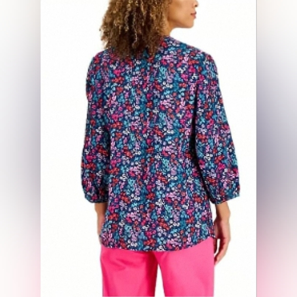 Charter Club Luxury~Linen Colorful Floral Tunic Top Rhinestone Beaded Neckline - Picture 13 of 14